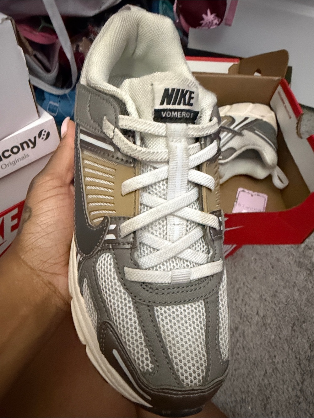 Nike Kids Vomerox Sneaker in Gray and Beige